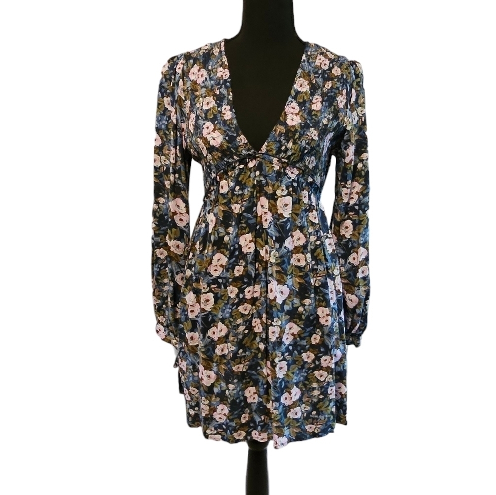Wild Fable Blue & Pink Floral Empire waist 100% Rayon Mini Dress Size XS